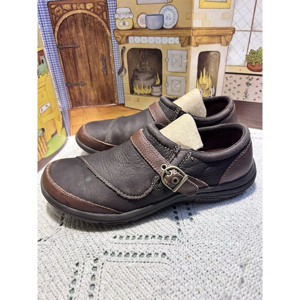 Merrell Women's Dassie Buckle Brown Leather Slip On Loafers Clogs Size 9 J69076